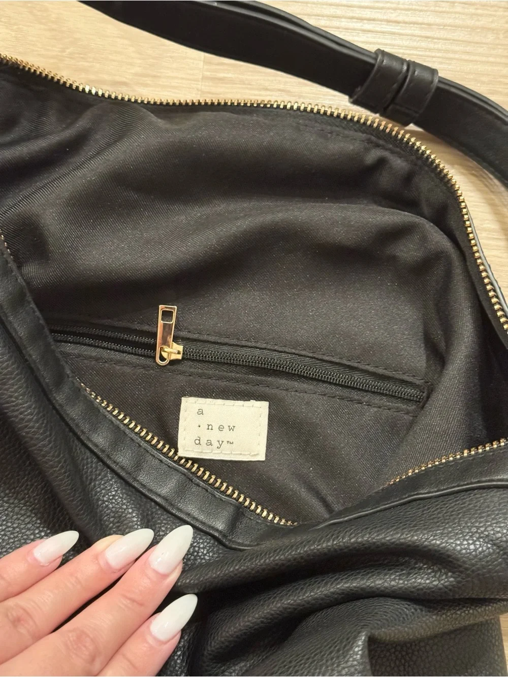 a new day Black Pebbled Leather Hobo with Gold Hardware